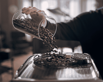 Vīrietis ber kafijas pupiņas piltuvē