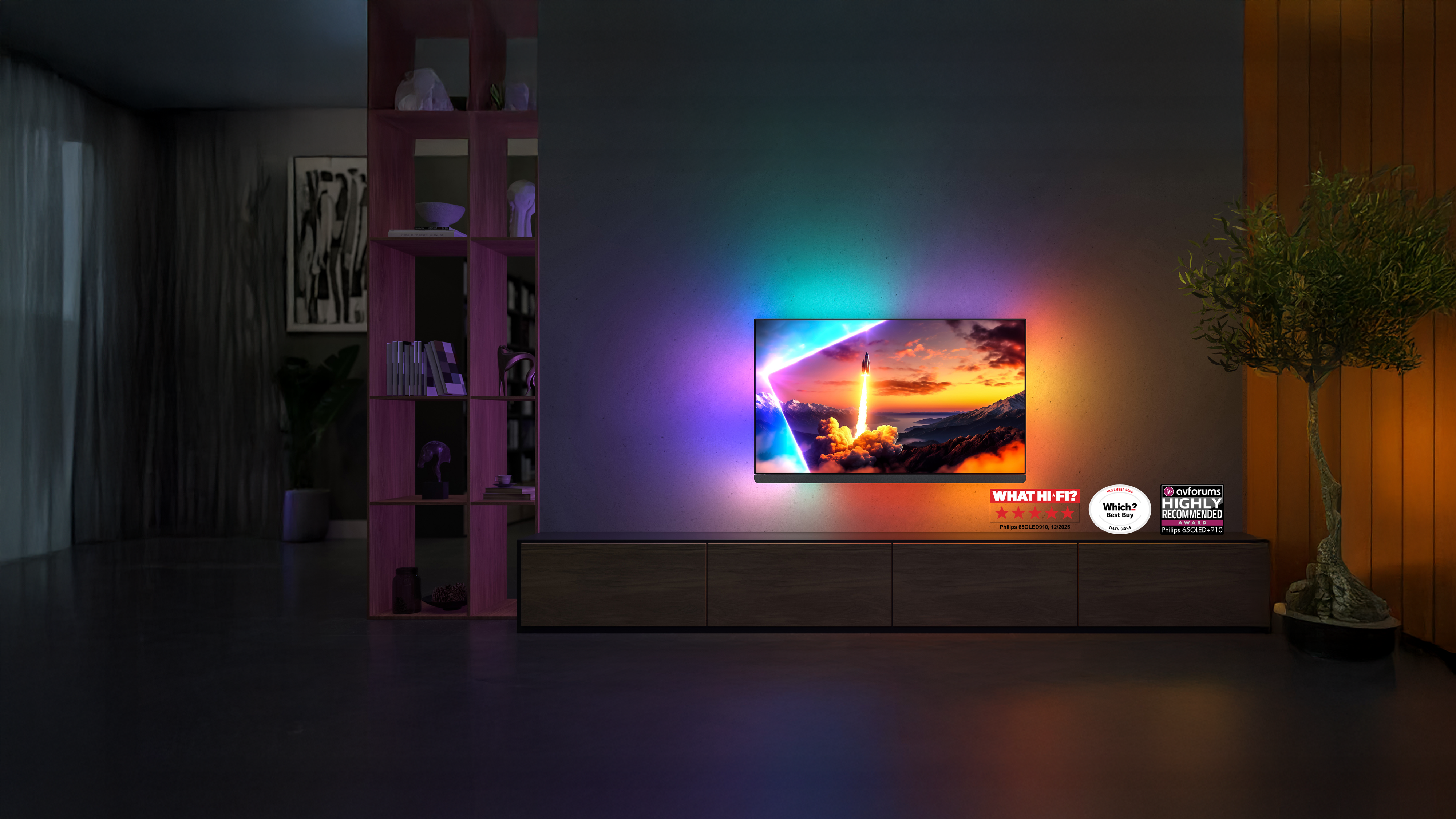 Philips OLED 910 Ambilight TV lighting the wall with vibrant colors in a living room