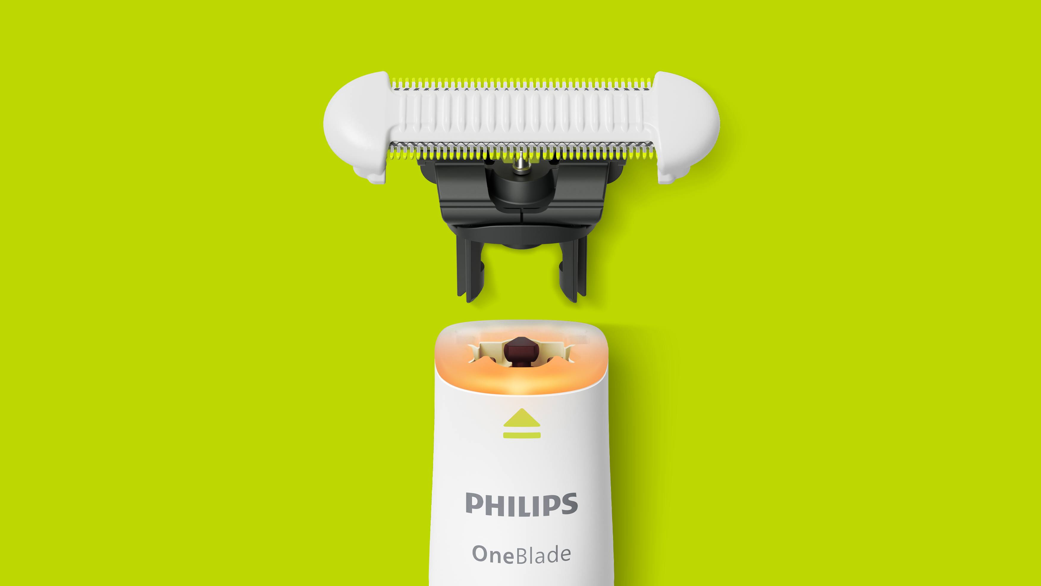 Zbliżenie Philips OneBlade Intimate bez ostrza, pokazujące wymienną konstrukcję ostrza