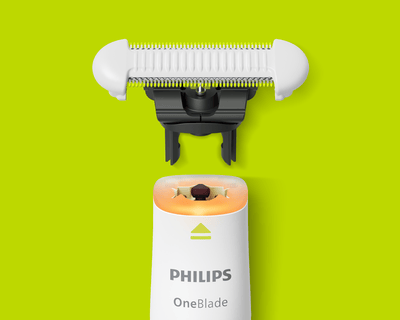 Zbliżenie Philips OneBlade Intimate bez ostrza, pokazujące wymienną konstrukcję ostrza