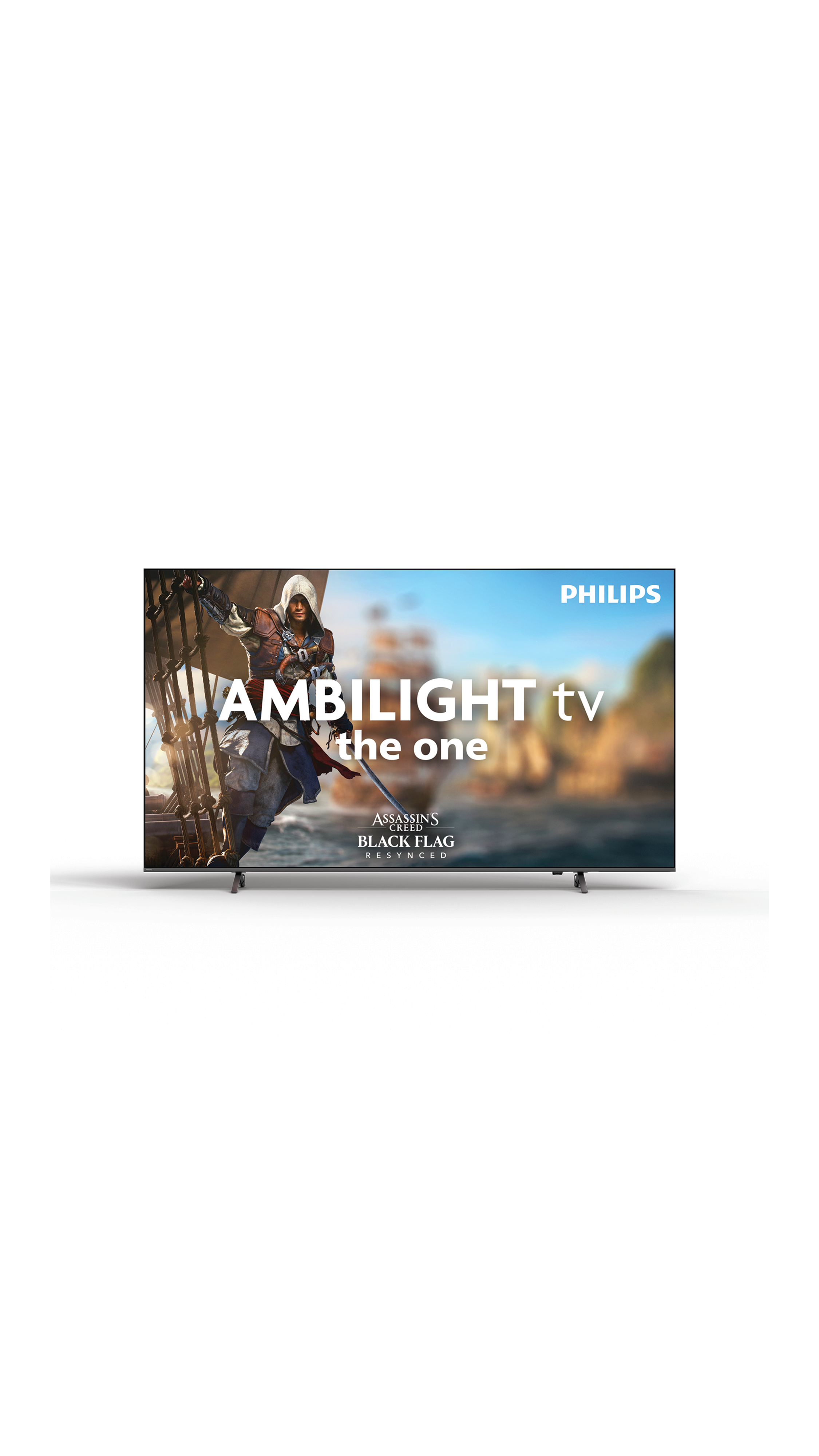 Philips Ambilight TV The One met artwork van Assassin’s Creed Black Flag op het scherm, afgebeeld tegen een lichte achtergrond.