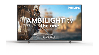 Philips Ambilight TV The One met artwork van Assassin’s Creed Black Flag op het scherm, afgebeeld tegen een lichte achtergrond.
