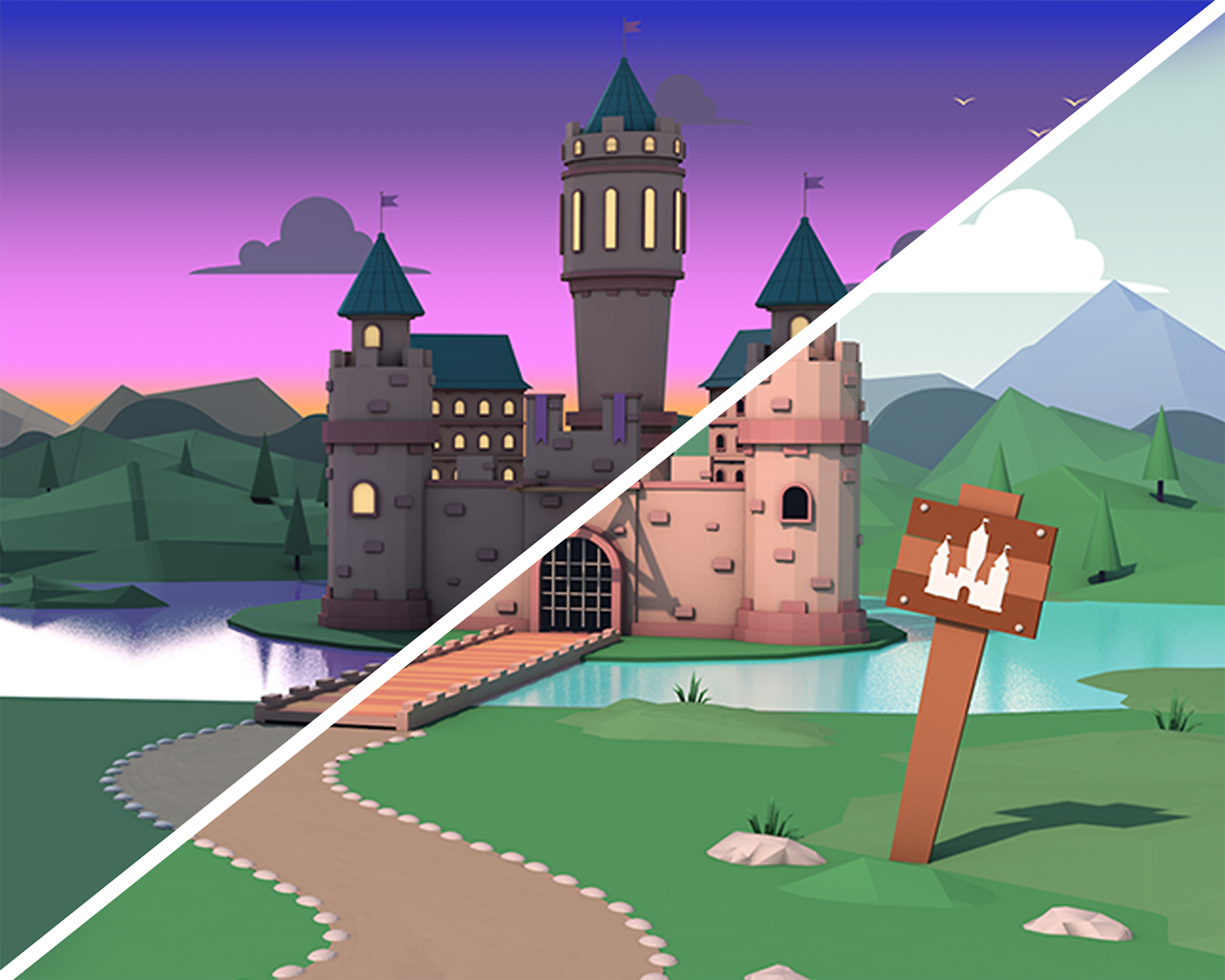 The app showing a castle during the day and at night.