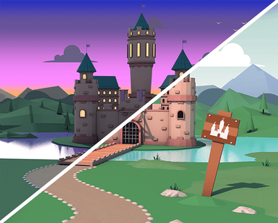 The app showing a castle during the day and at night.