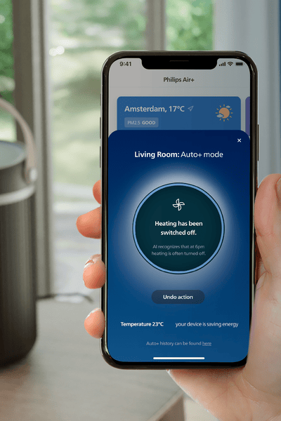 Energiasäästlik Philipsi kütteseade, mis kasutab tehnoloogiat Eco AI ja rakendust.