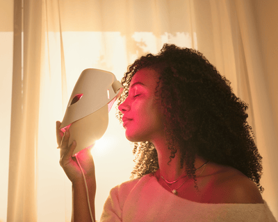 Person using Philips LED Face Mask in Daily Glow mode with red light therapy
