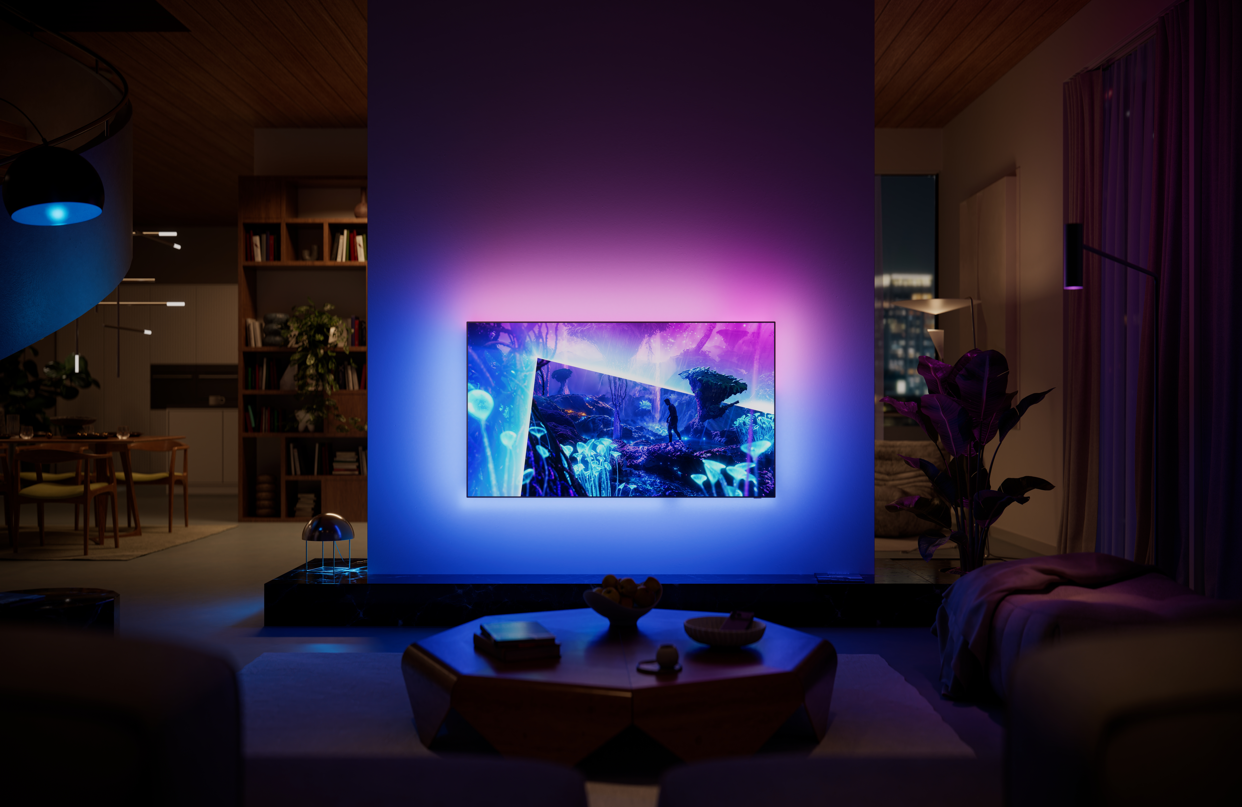 Philips Ambilight TV mounted in a modern living room, displaying a vibrant fantasy landscape while blue and purple ambient lighting extends beyond the screen onto the wall.