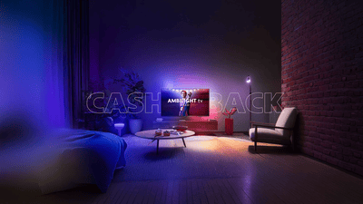 Philips Ambilight TV displaying a football player in a modern living room, with colorful Ambilight effects illuminating the walls and surrounding space.