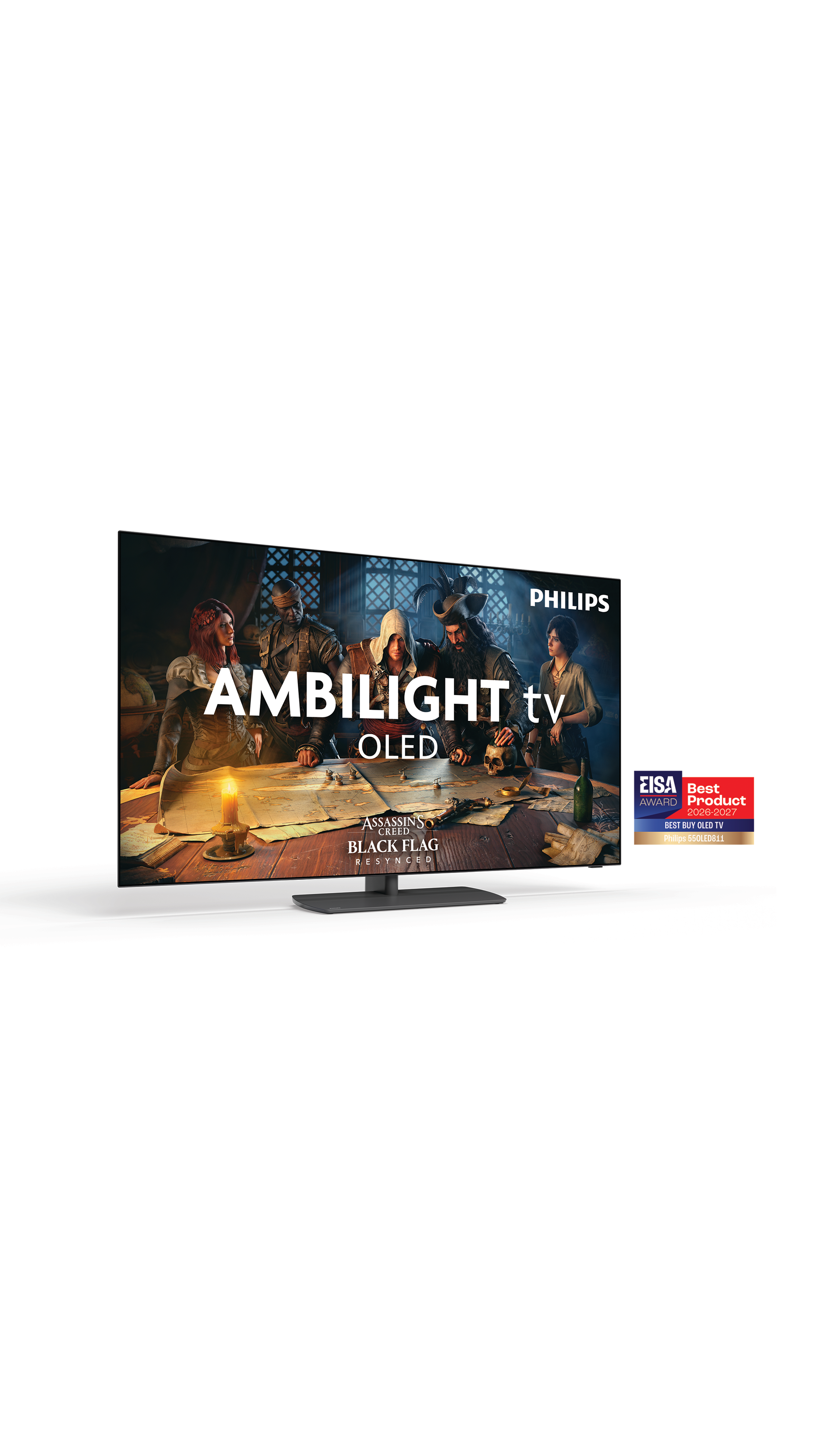 Philips Ambilight OLED-tv met artwork van Assassin’s Creed Black Flag op het scherm, afgebeeld tegen een lichte achtergrond met een awardbadge naast de tv.
