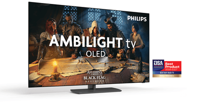 Philips Ambilight OLED-tv met artwork van Assassin’s Creed Black Flag op het scherm, afgebeeld tegen een lichte achtergrond met een awardbadge naast de tv.