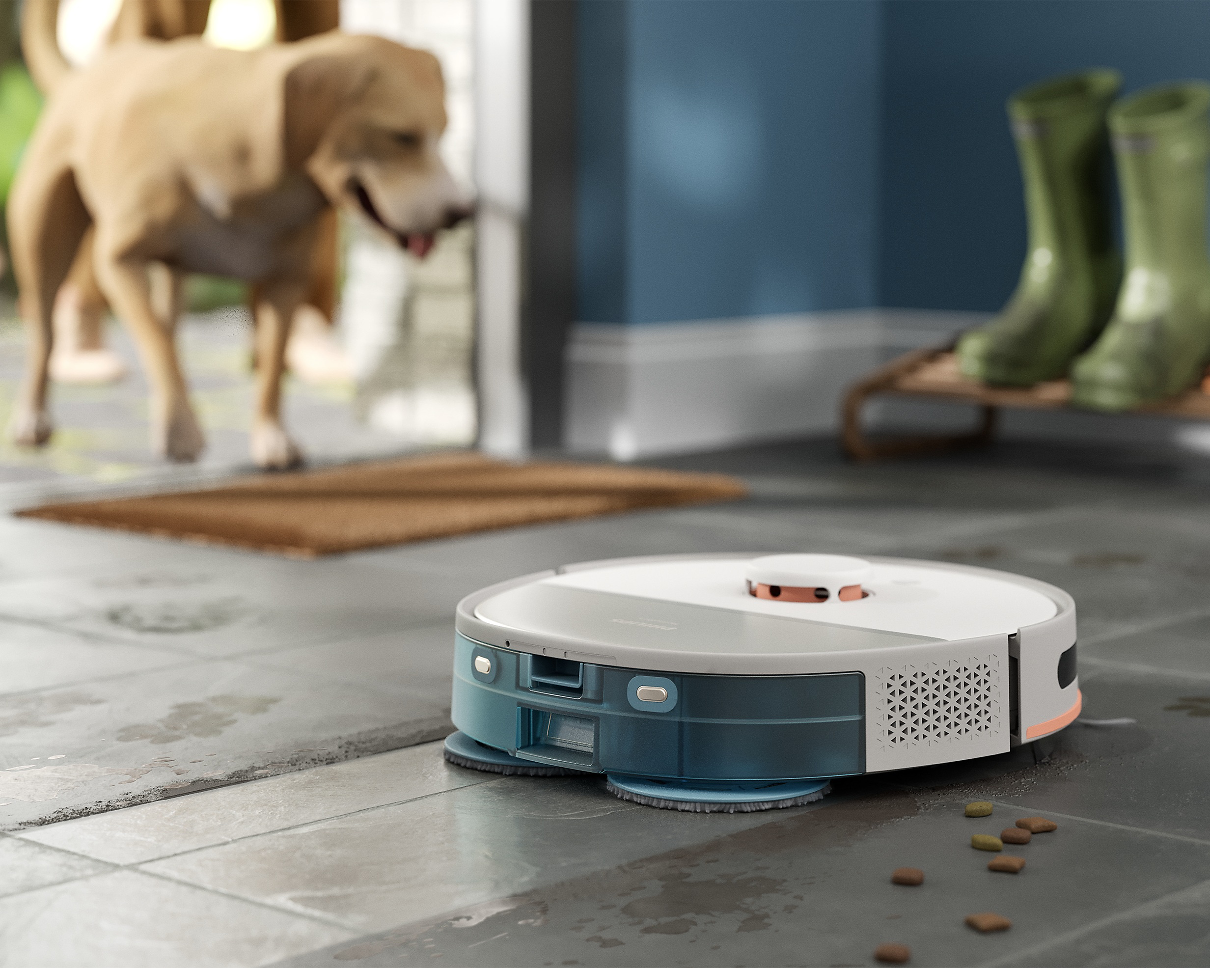 Robots putekļsūcējs mazgā flīžu grīdu ar dubļainiem ķepu nospiedu...