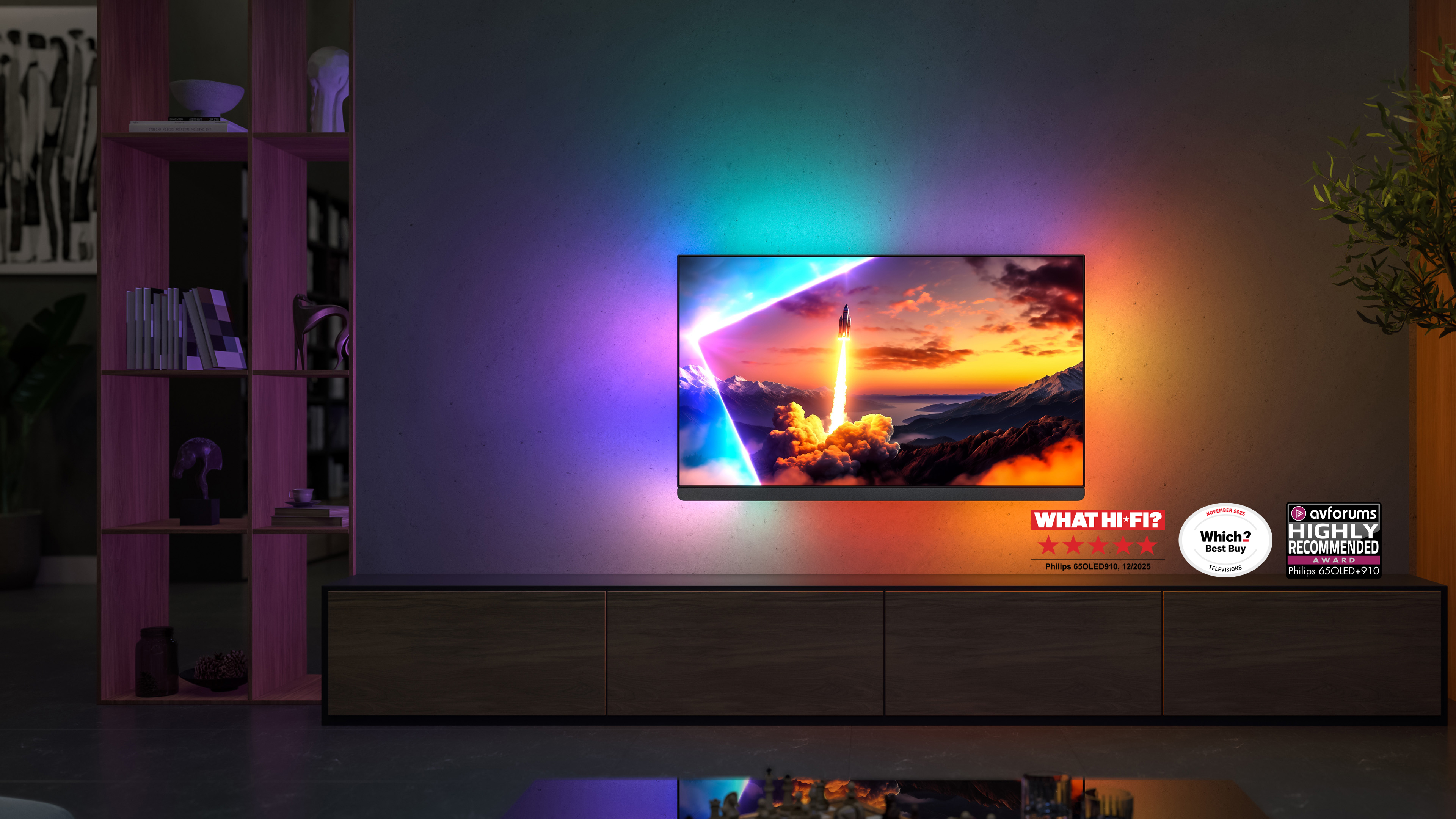 Philips OLED 910 Ambilight TV lighting the wall