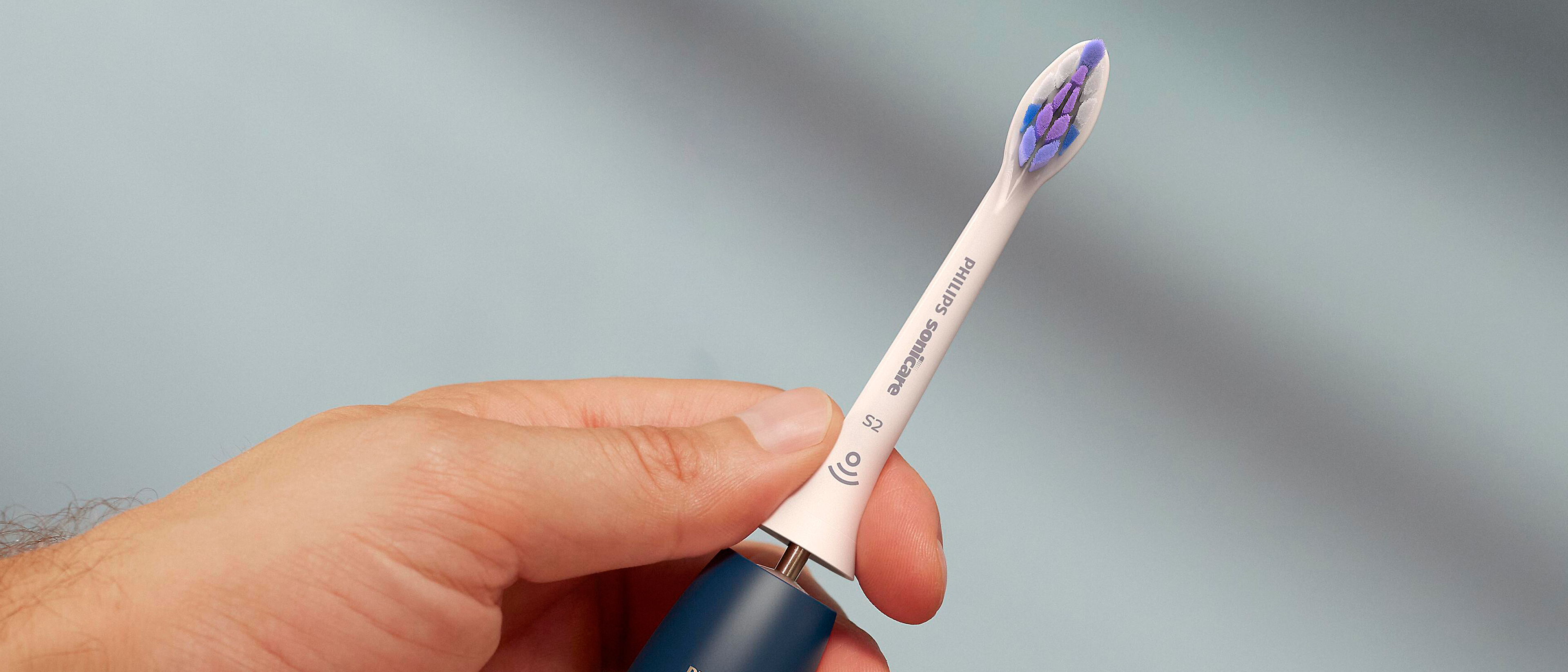 A hand holding a Philips Sonicare Sensitive brush head