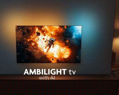 Philips Ambilight AI TV shows astronaut in vivid space explosion