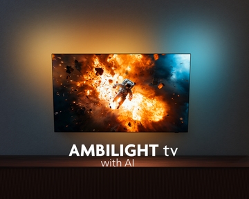 Philips Ambilight AI TV shows astronaut in vivid space explosion