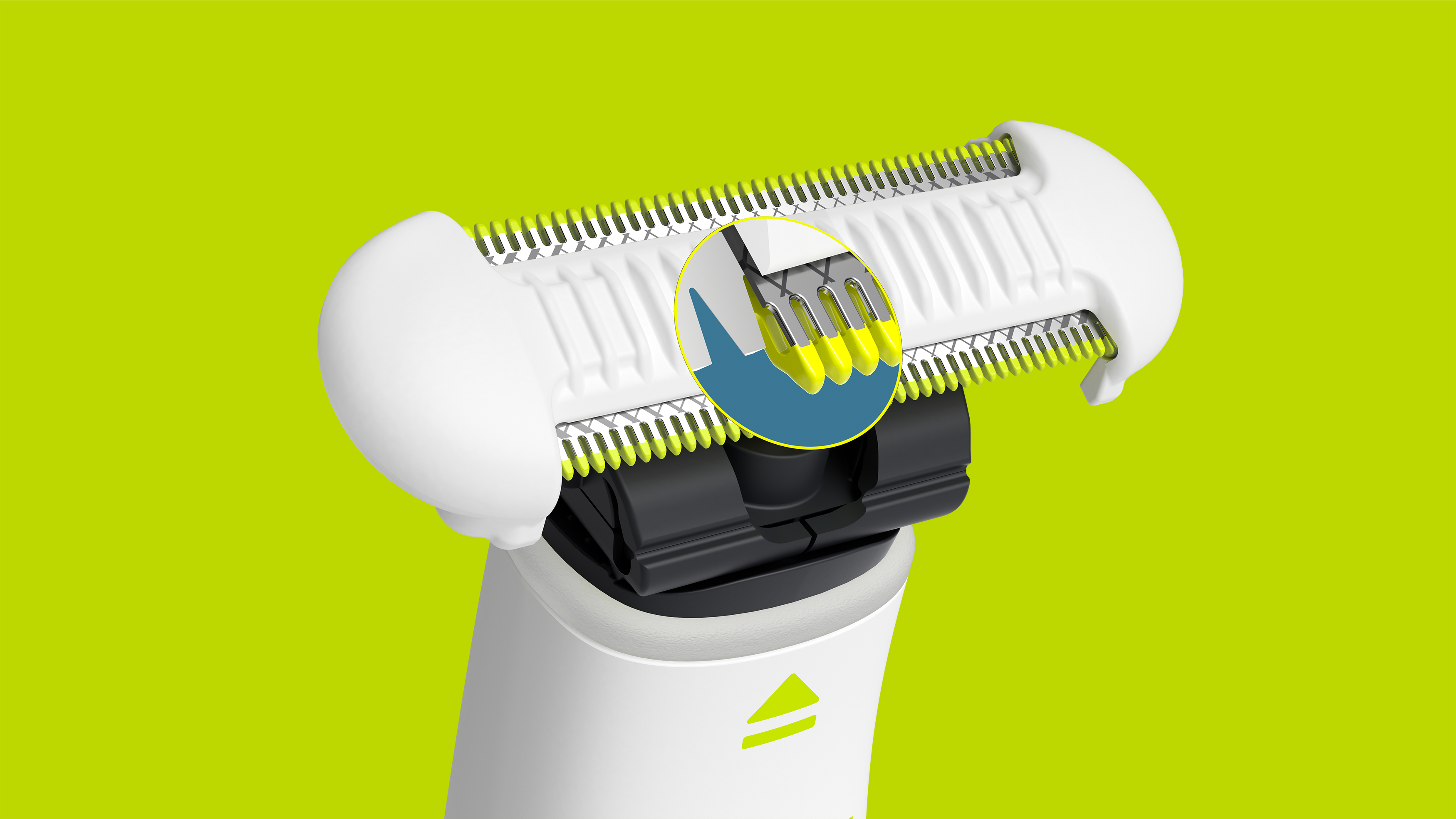 Zbliżenie ostrza Philips OneBlade Intimate pokazujące technologię OneBlade zaprojektowaną do skutecz...
