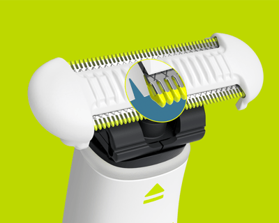 Zbliżenie ostrza Philips OneBlade Intimate pokazujące technologię OneBlade zaprojektowaną do skutecz...