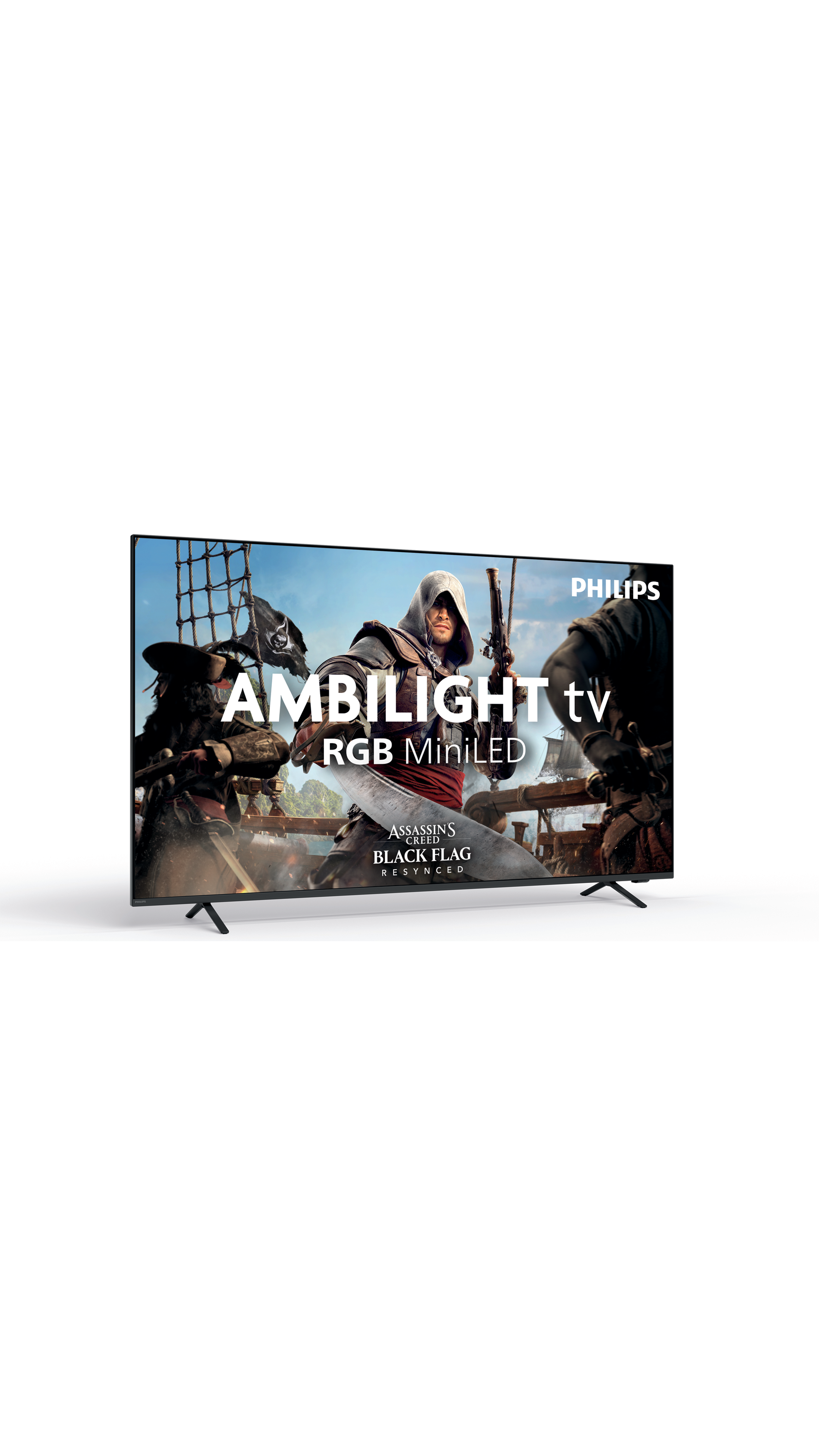 Philips Ambilight RGB MiniLED-tv met artwork van Assassin’s Creed Black Flag op het scherm, afgebeeld tegen een lichte achtergrond.