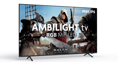 Philips Ambilight RGB MiniLED-tv met artwork van Assassin’s Creed Black Flag op het scherm, afgebeeld tegen een lichte achtergrond.