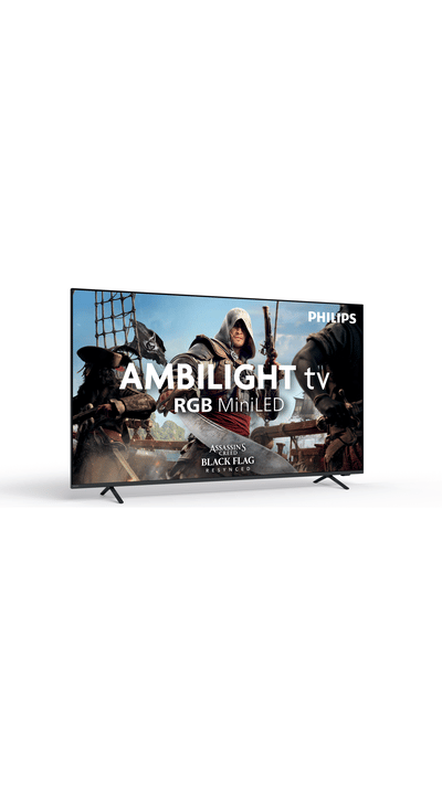 Philips Ambilight RGB MiniLED-tv met artwork van Assassin’s Creed Black Flag op het scherm, afgebeeld tegen een lichte achtergrond.