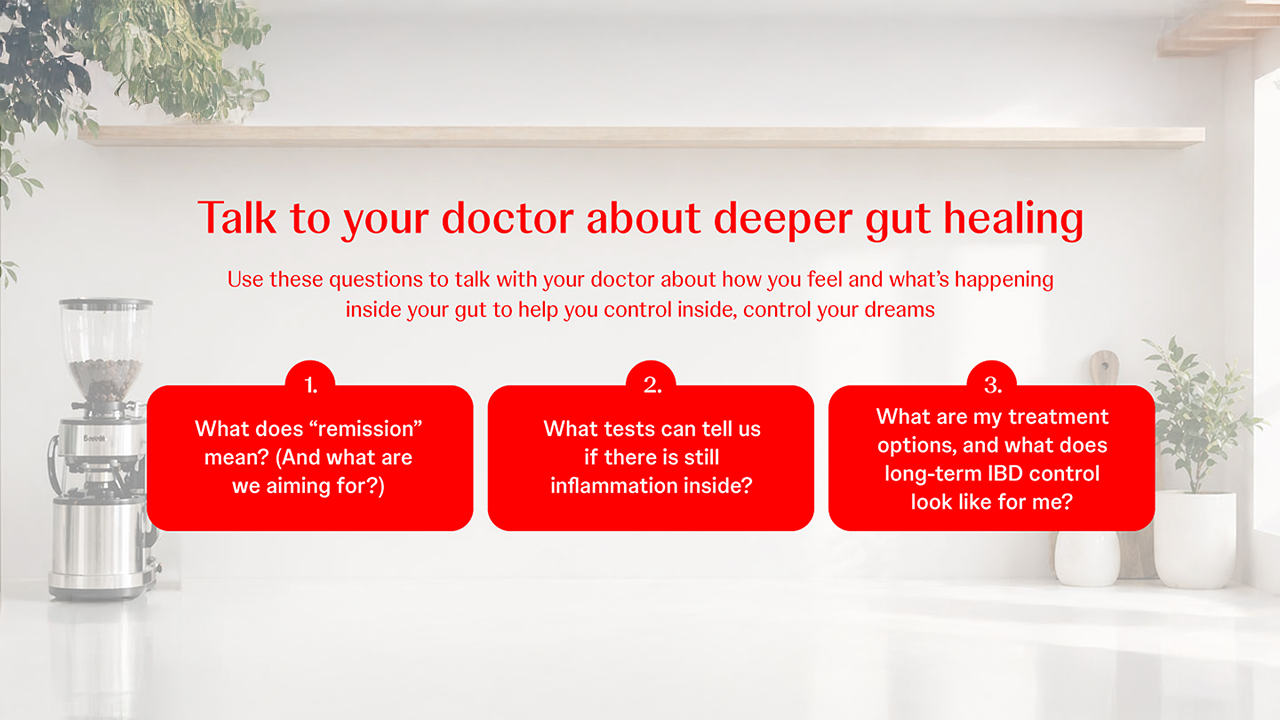 A patient guide card previewing conversation prompts for discussing deeper gut healing and endoscopic remission with a doctor. The card presents labelled question sections in red and white, each covering a key consultation topic.