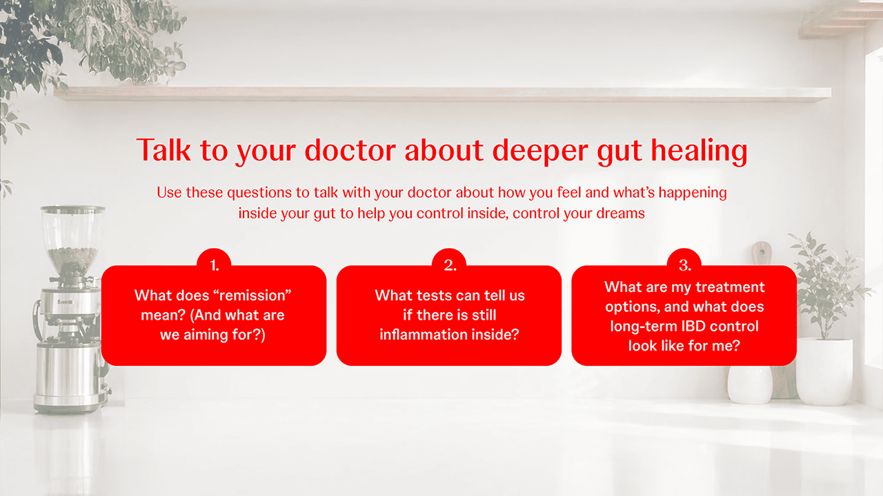 A patient guide card previewing conversation prompts for discussing deeper gut healing and endoscopic remission with a doctor. The card presents labelled question sections in red and white, each covering a key consultation topic.