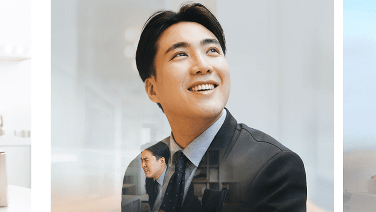 young-man-in-smart-jacket-smiling-and-looking-upward-optimistically-and-young-man-suffering-from-ibd-flare-up Dual image of a close-up portrait of a young man in a suit jacket, smiling broadly with his gaze directed upward. Bright, neutral background. Second image of and young man suffering from IBD flare-up. Conveys confidence and a positive outlook on life with IBD when you take dual control.