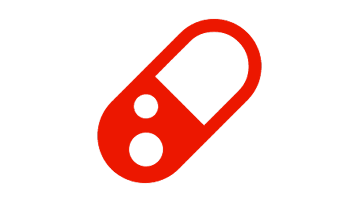 Solid red icon of a two-tone pharmaceutical capsule (pill) Solid red icon of a two-tone pharmaceutical capsule. Represents the benefit of reduced long-term steroid dependence associated with achieving mucosal healing and endoscopic remission.