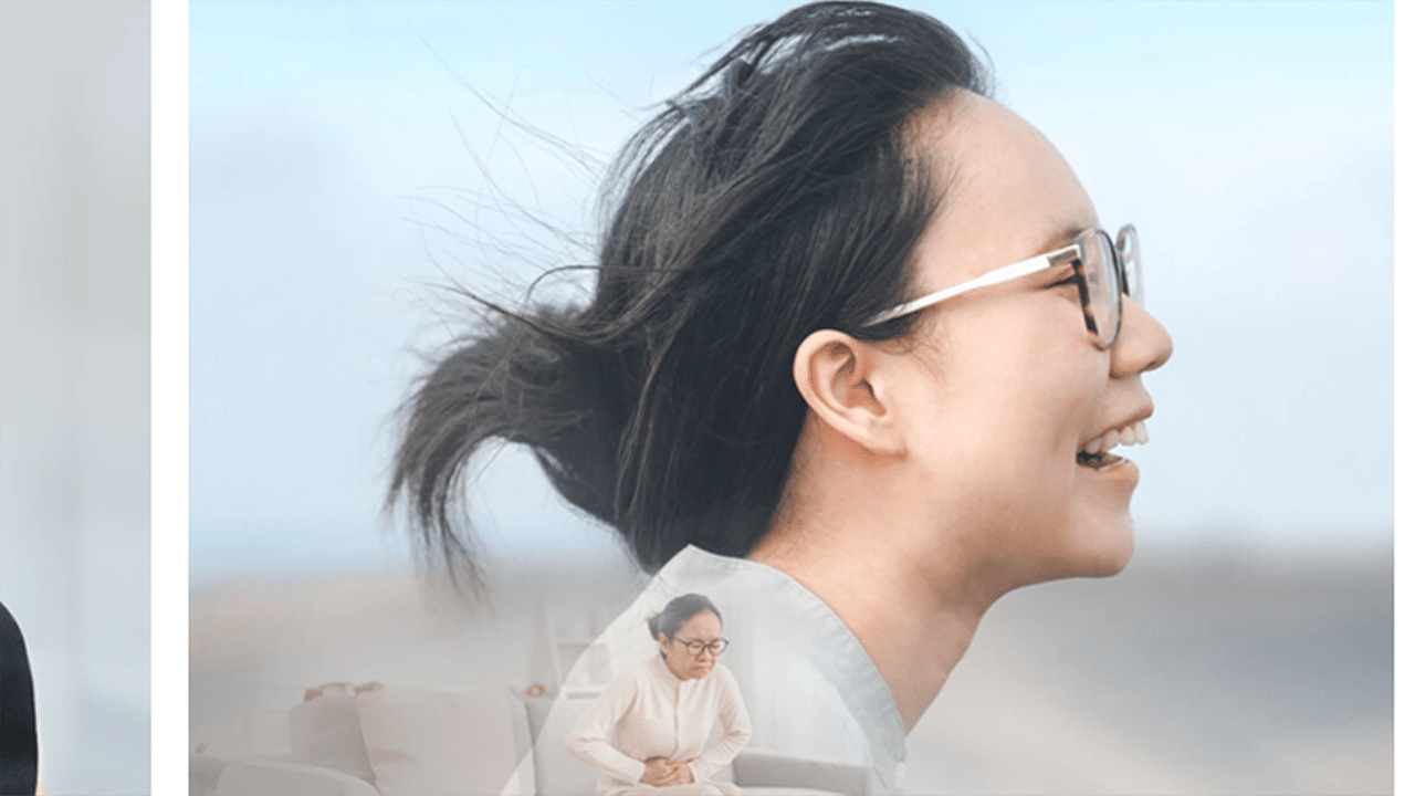 woman-laughing-in-profile-with-inset-of-person-sitting-in-discomfort Layered composite image: close-up profile of a laughing young woman wearing glasses in the foreground, with a smaller inset of an older woman sitting in discomfort with an IBD flare-up. Suggests a journey from anxiety toward confidence in managing IBD.