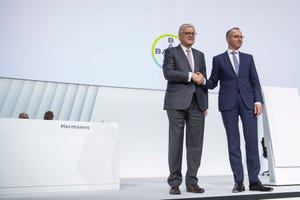 Werner Wenning, Chairman of the Supervisory Board of Bayer AG and Werner Baumann, right, Bayer AG CEO, prior to the annual sh
