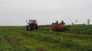 Farm equipment in alfalfa field