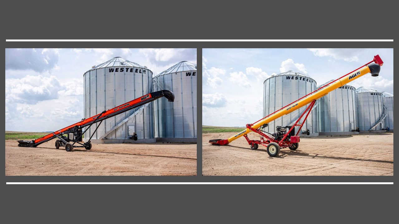 AGI diesel-powered UCX4 Conveyor (left) and STX3 Auger (right)