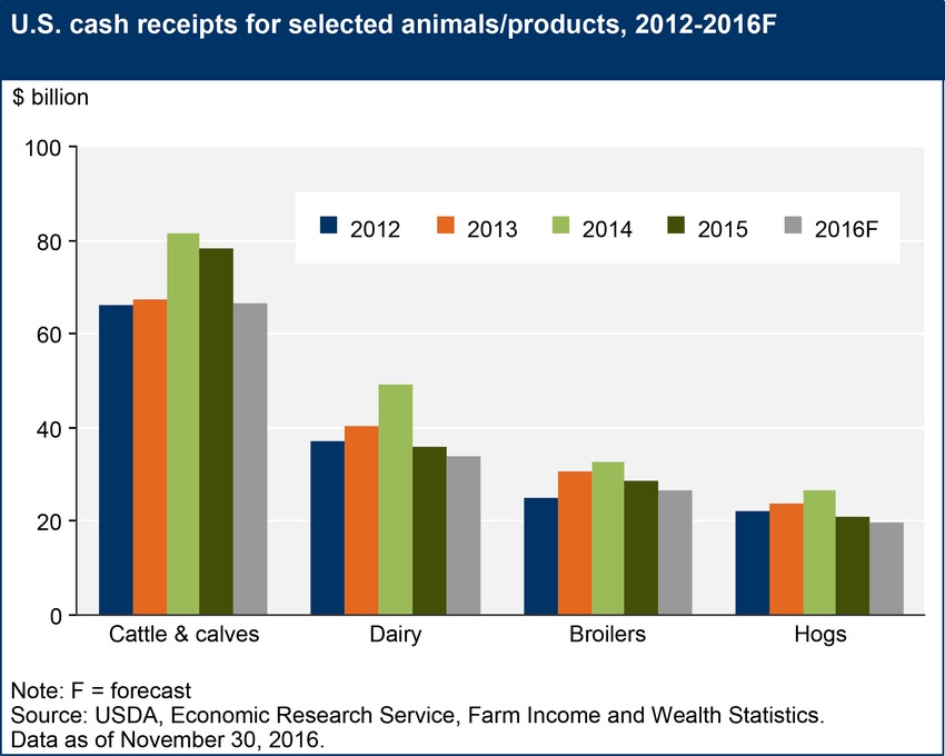 USDA expects sharply lower animal, animal product receipts in 2016