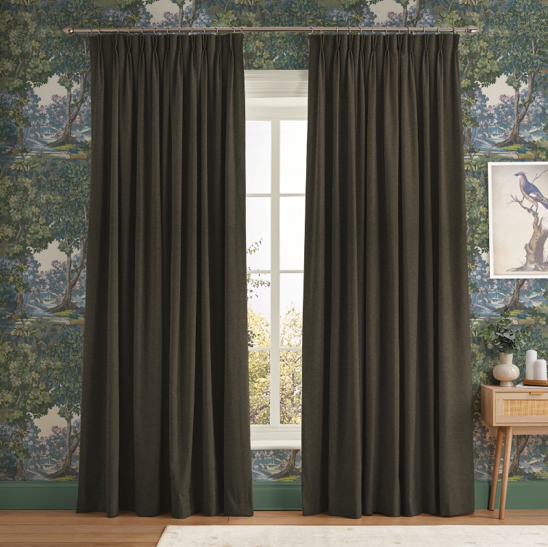Anqa Olive curtains coordinated with Bodenham Heritage Green wallpaper