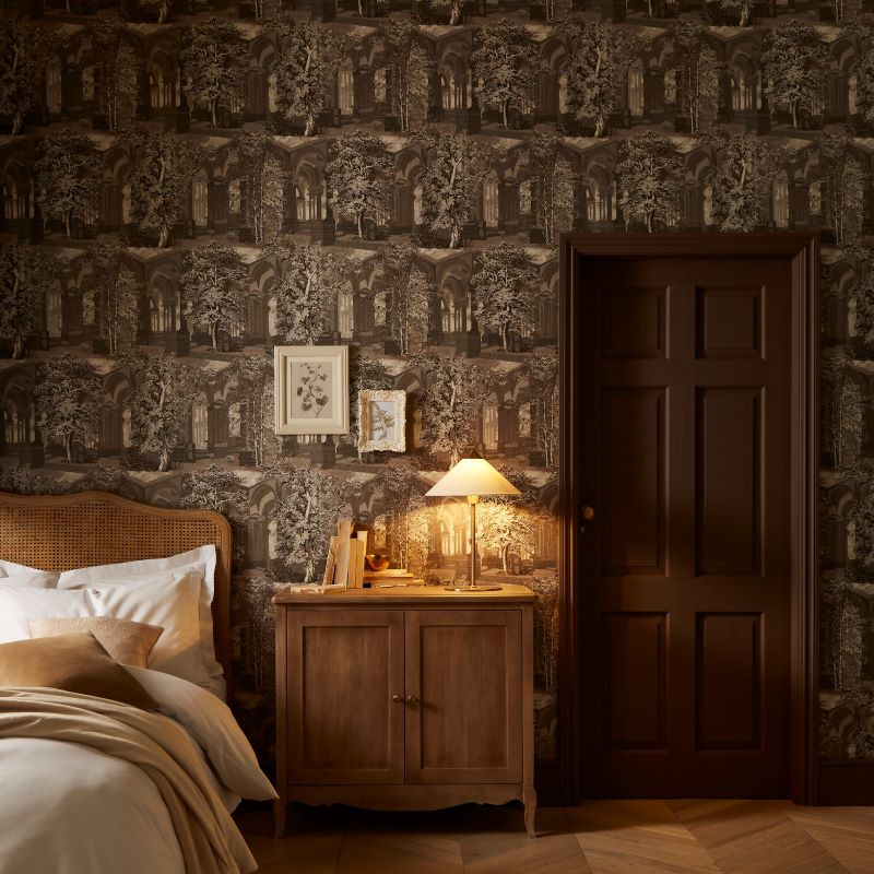 Rivington Folly Dusk Wallpaper in a bedroom setting partnered with Elderton paint on the door and woodwork