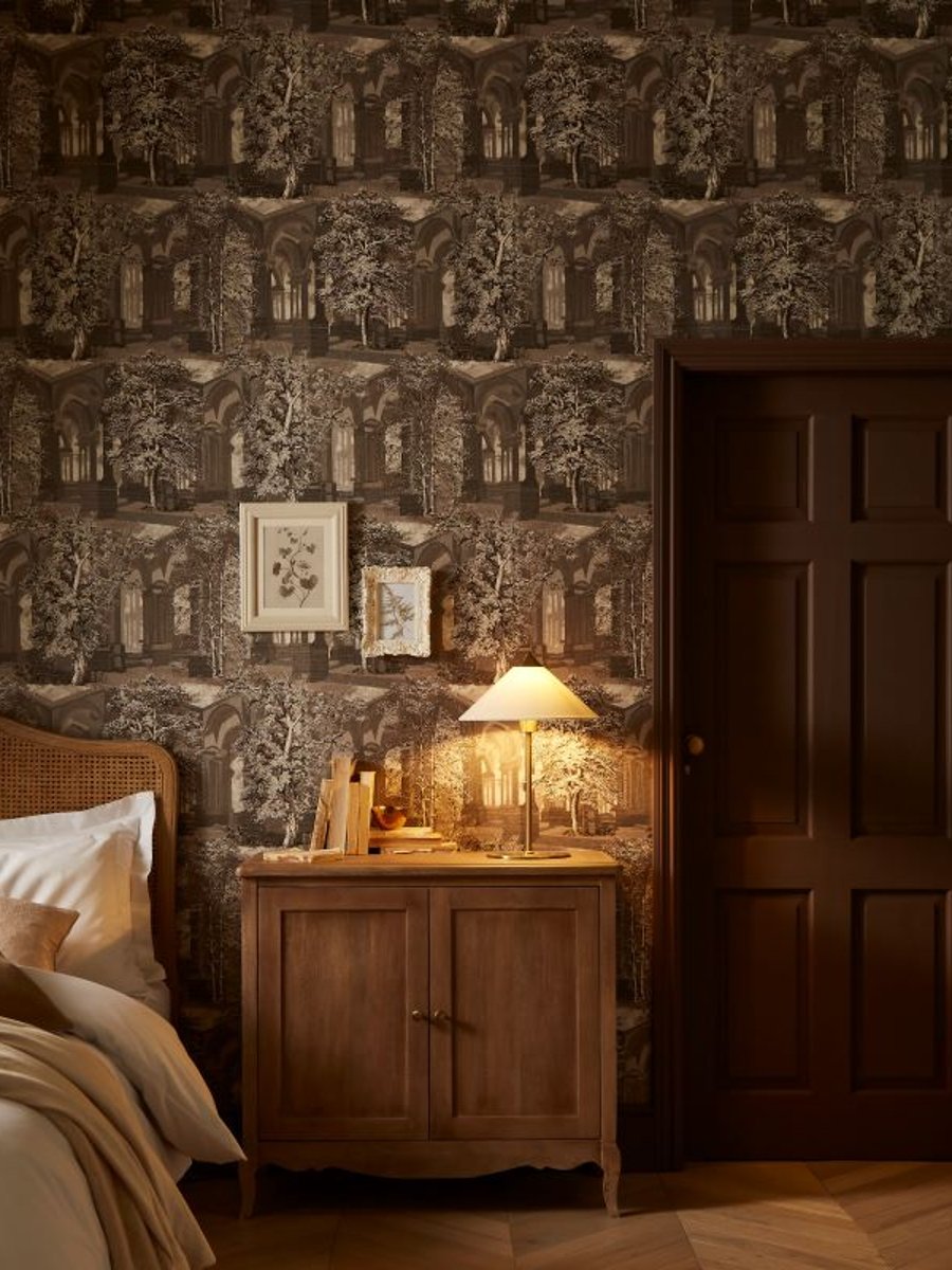 Rivington Folly Dusk Wallpaper in a bedroom setting partnered with Elderton paint on the door and woodwork