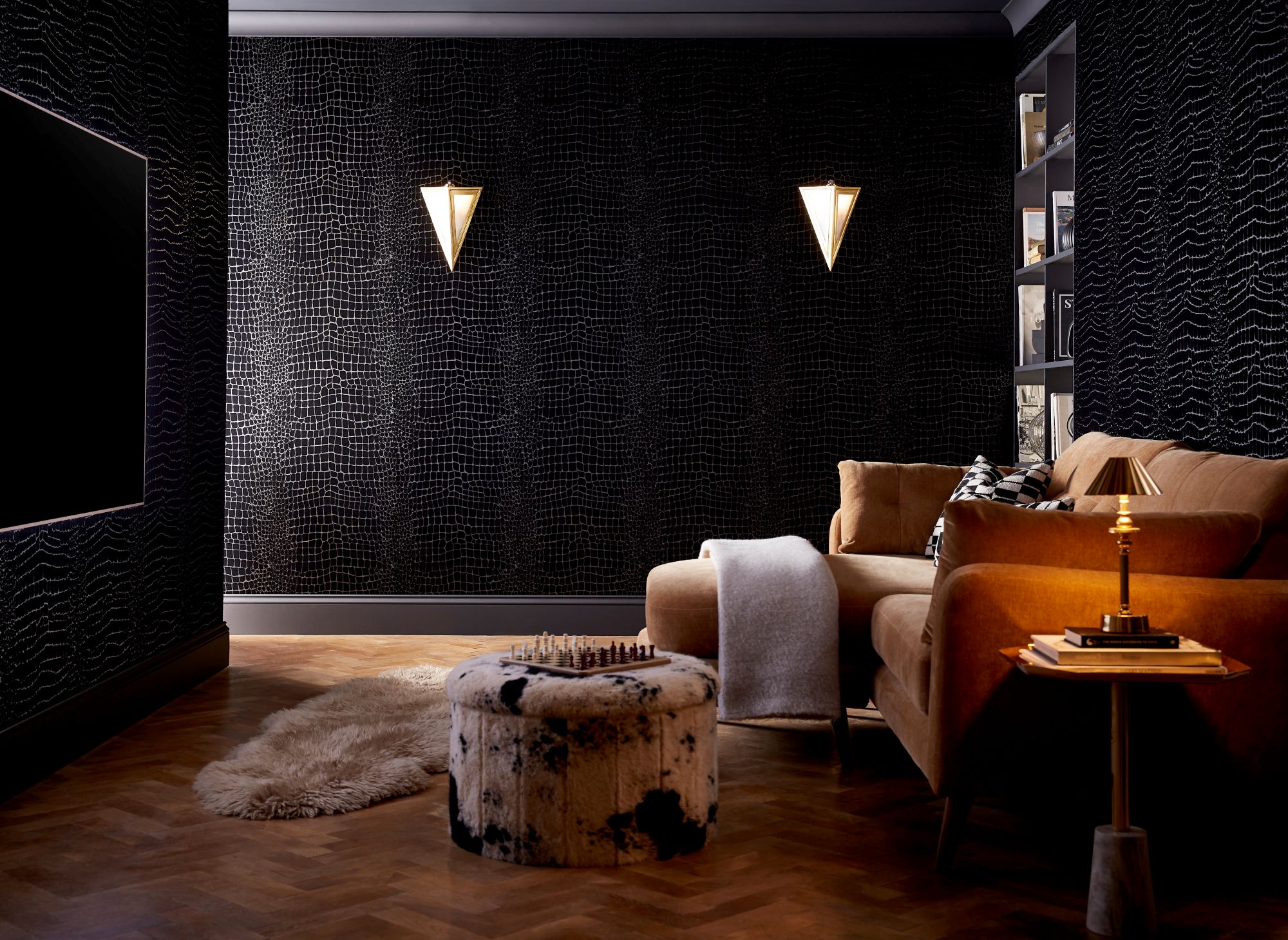 Lund Grey paint perfectly partnered with Crocodile Noir wallpaper in a living room setting