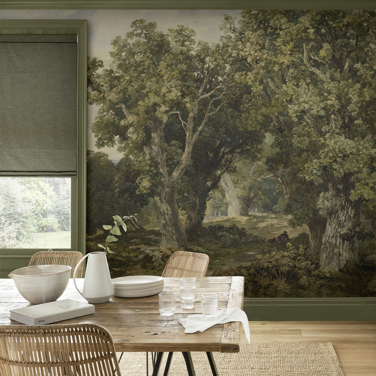 Bomen & bladeren op maat fotobehang in een slaapkameromgeving