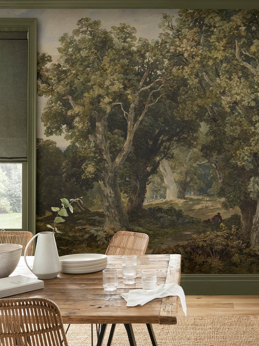 Bomen & bladeren op maat fotobehang in een slaapkameromgeving