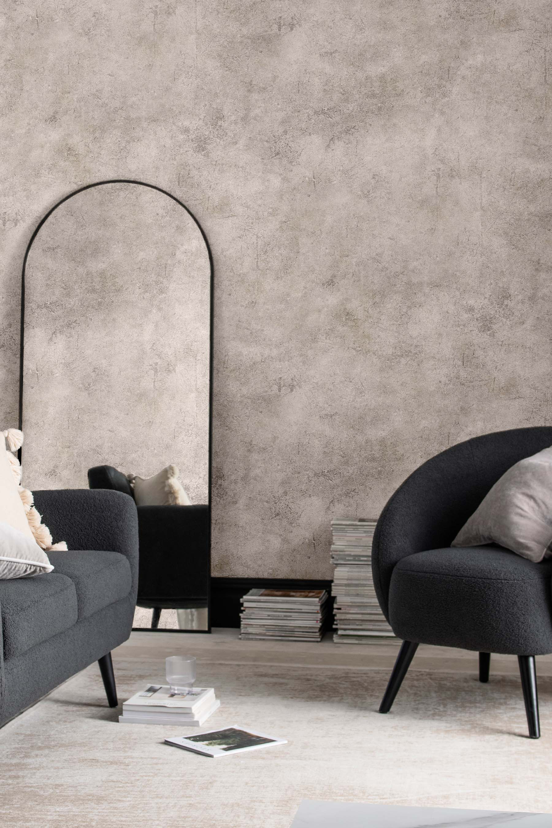 Next Plaster Abstract Wallpaper in a living room with chair and mirror