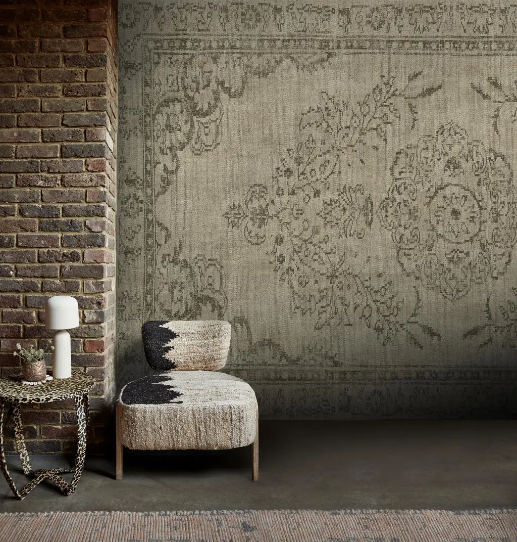 Roomset featuring Abigail Ahern tapestry olive bespoke mural