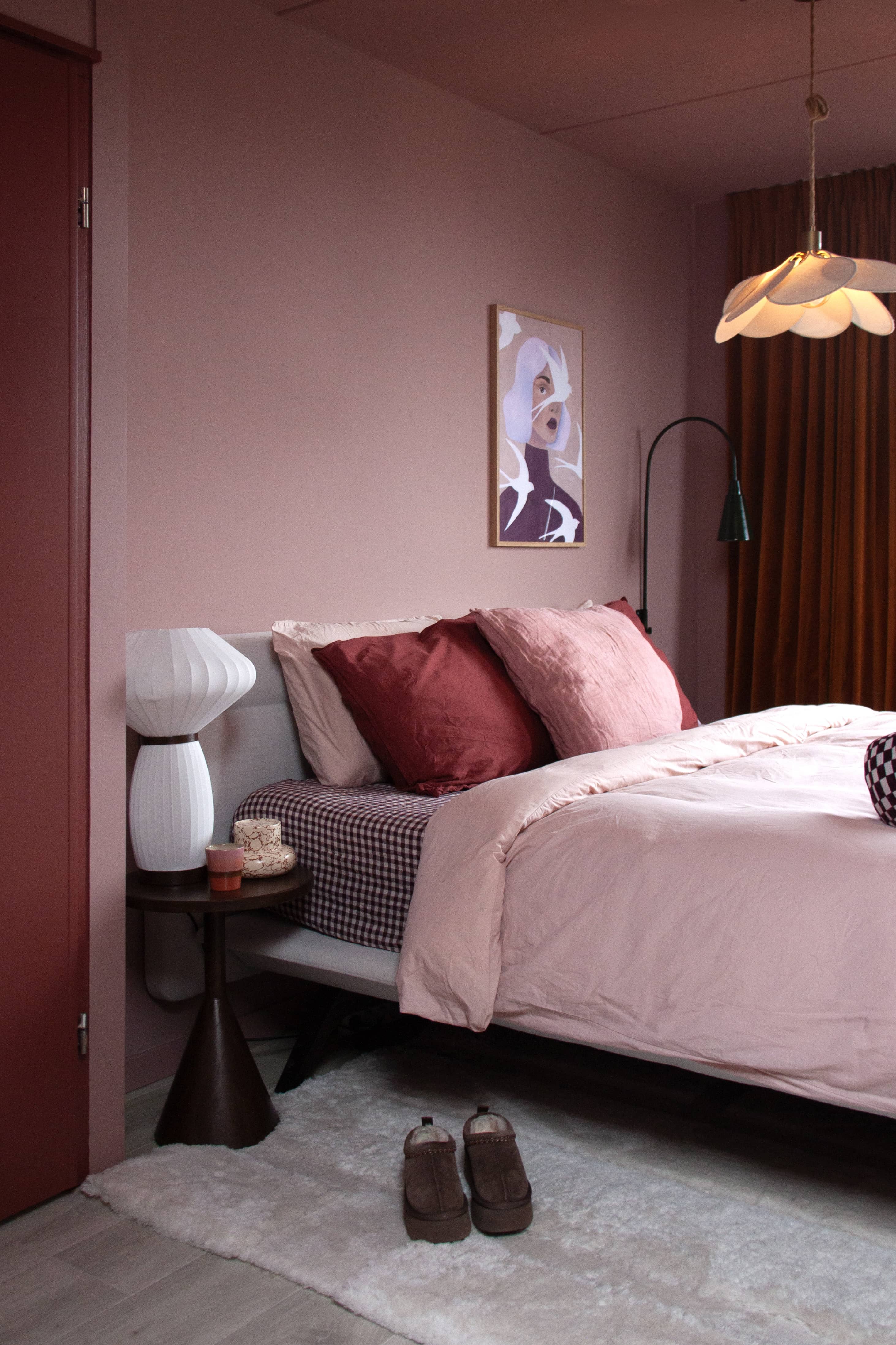 Bedroom image featuring highland rose paint on the walls and Hanami paint on the doors