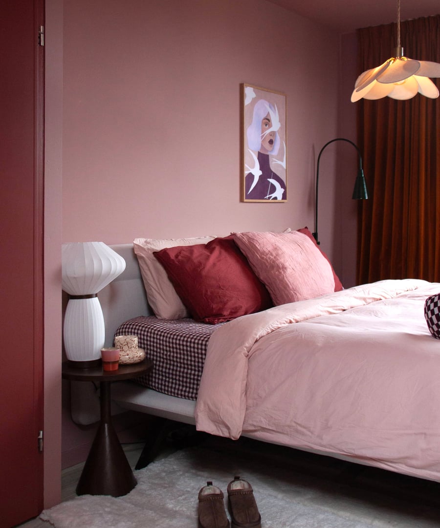 Bedroom image featuring highland rose paint on the walls and Hanami paint on the doors