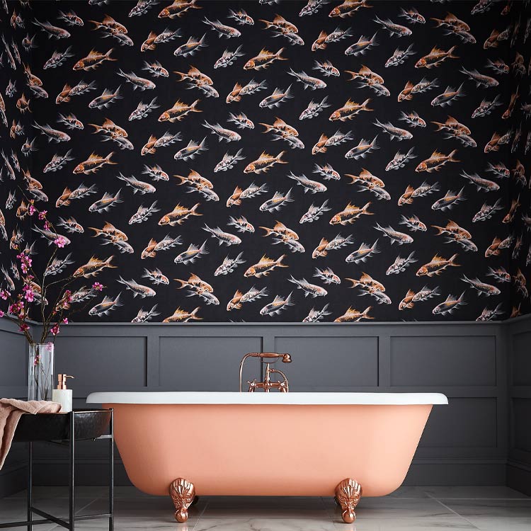 Fish wallpaper in a bathroom setting