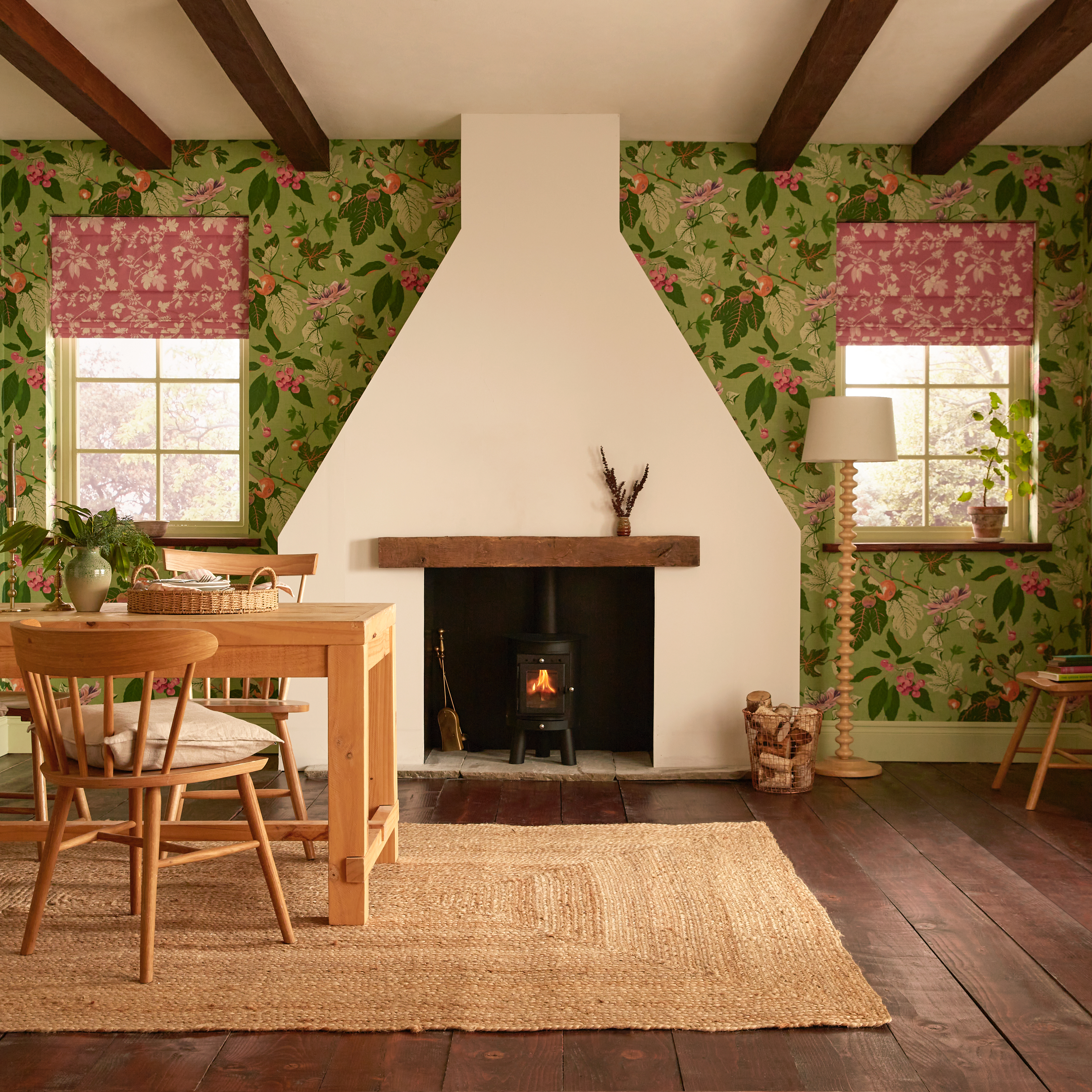 Garden Vine Pink Roman Blinds with perfectly partnered paint in a living room setting