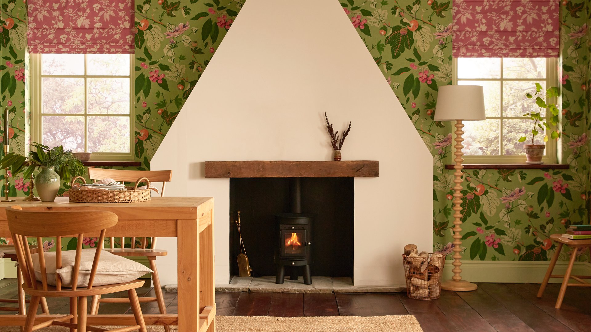 Garden Vine Pink Roman Blinds with perfectly partnered paint in a living room setting