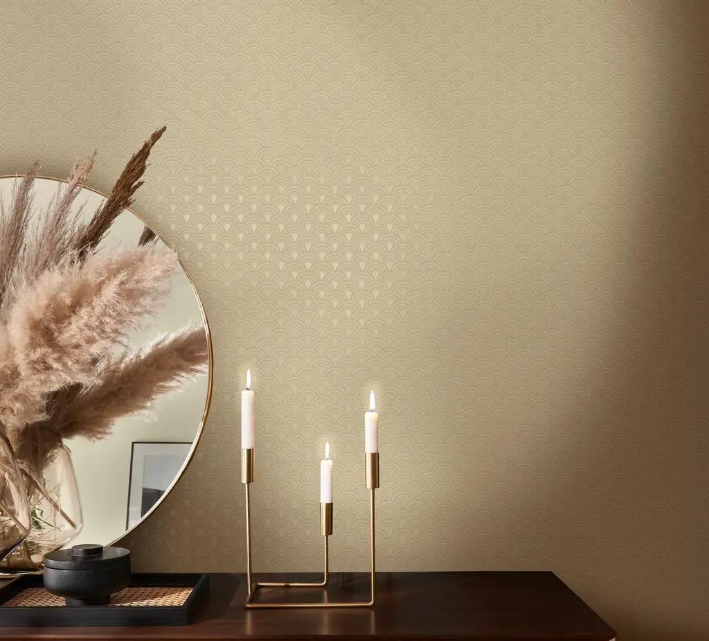 cosy neutral roomset featuring Nouveau linen wallpaper