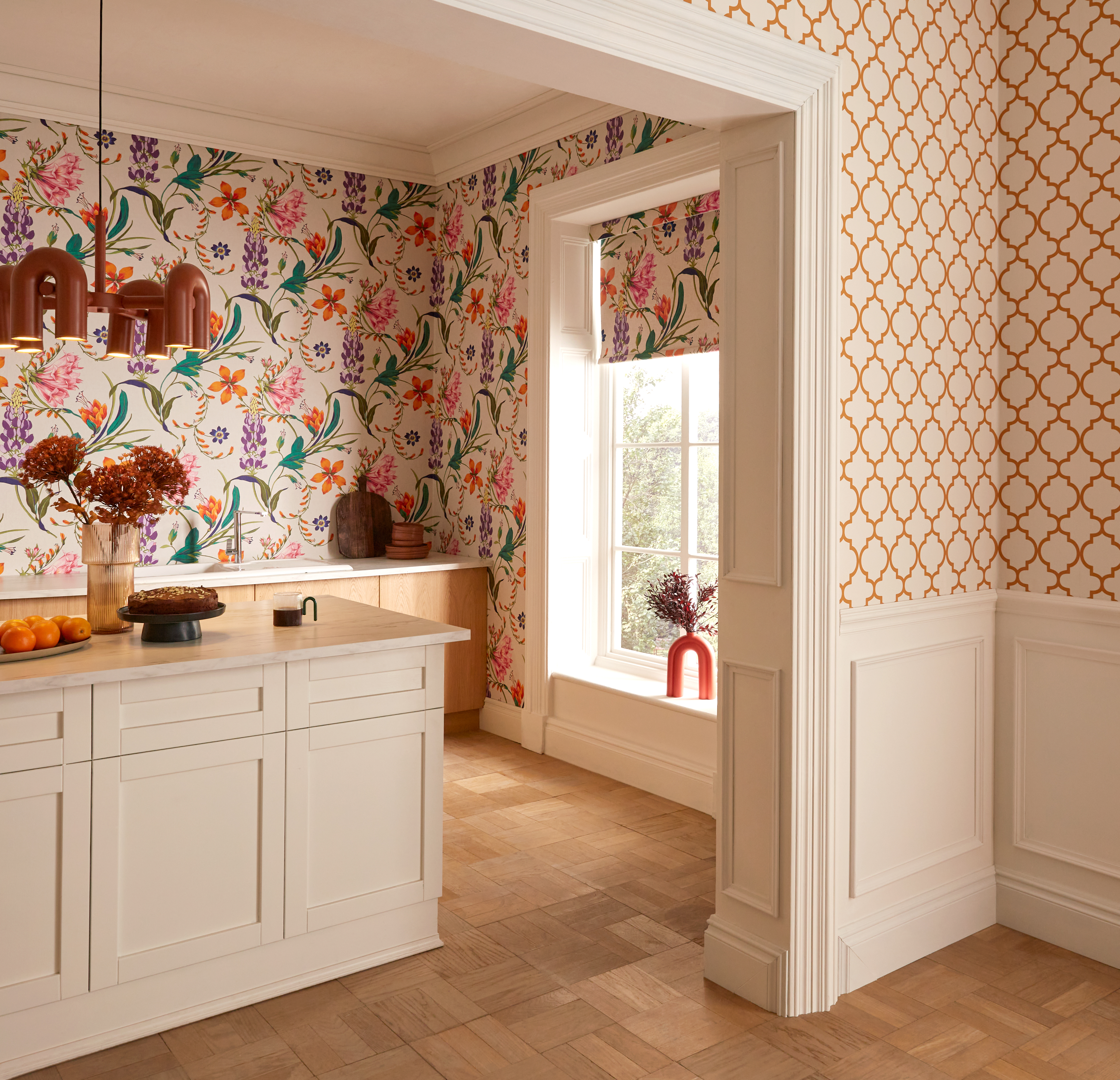 Botanist Scroll Vivant Roman Blinds in kitchen setting