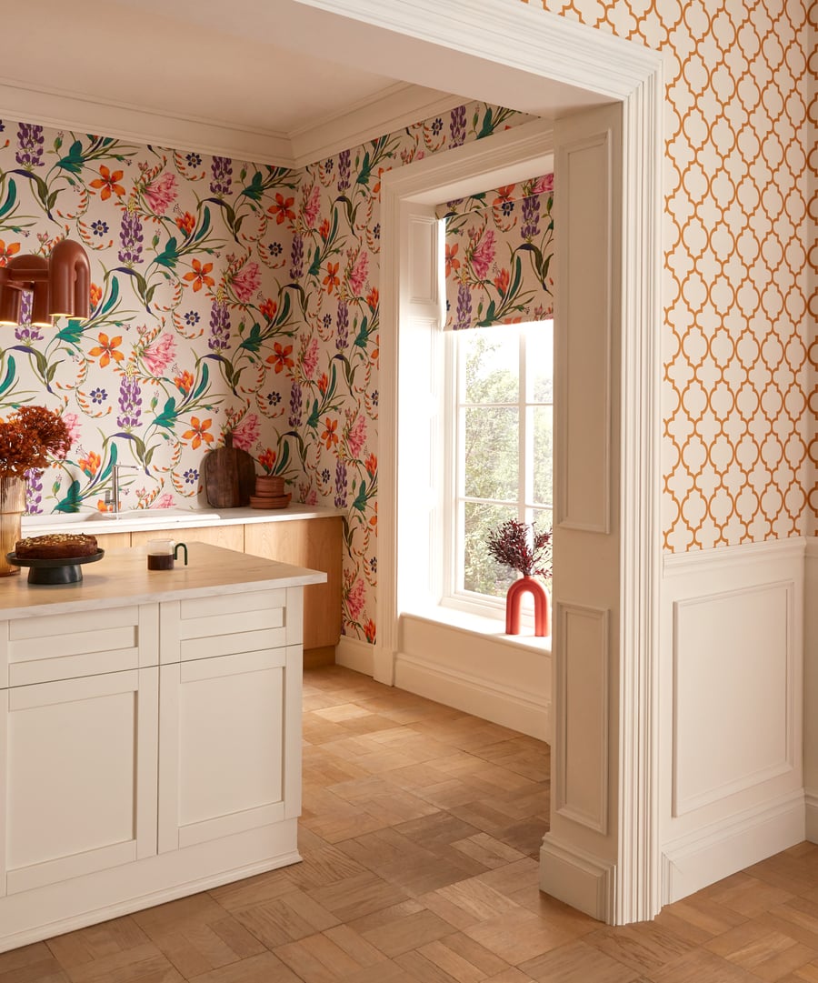 Watery Lane Linen Wallpaper in a living room setting