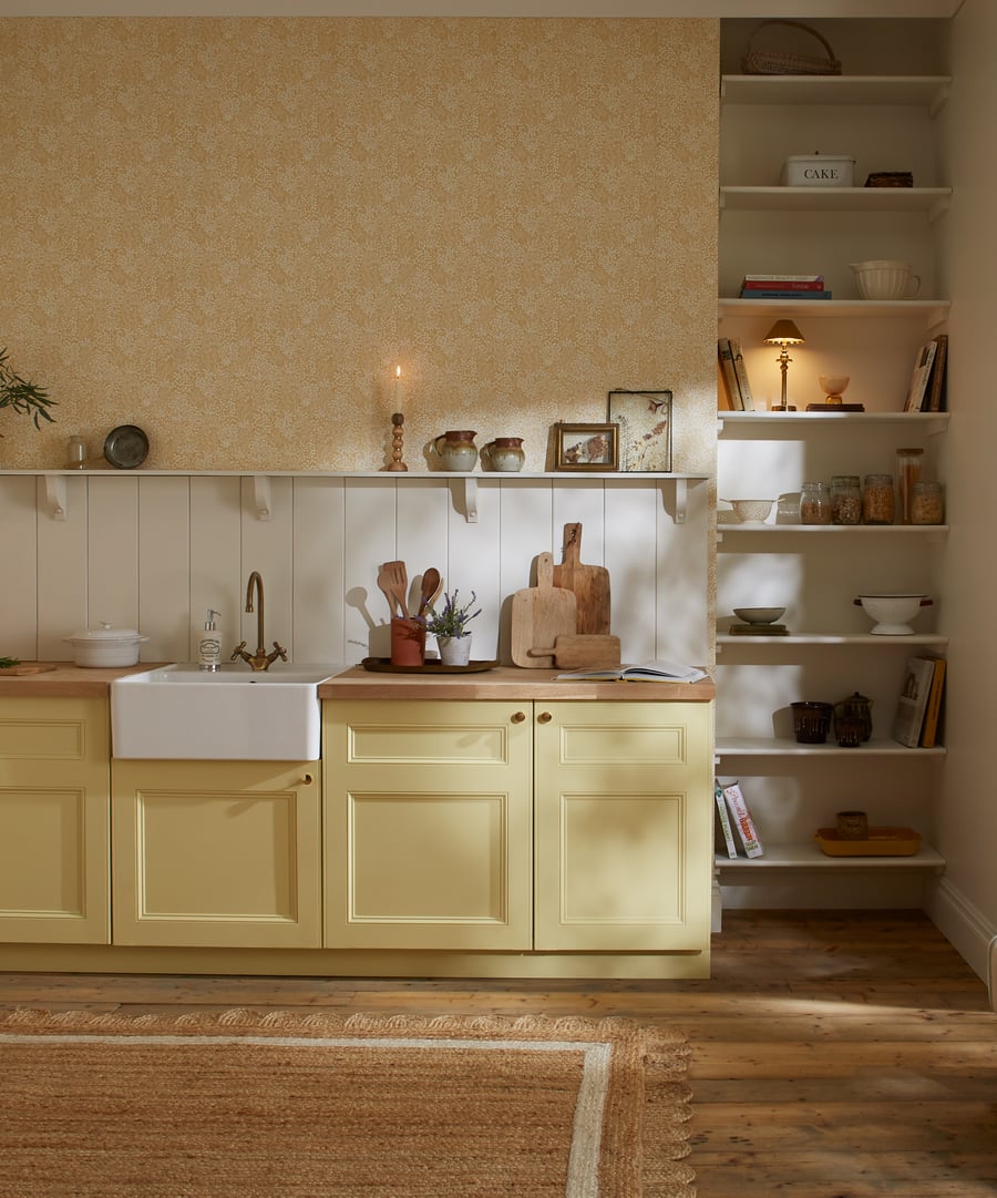 Daisyfield Creme Brulee Walpaper matched with Creme Brulee paint in a kitchen setting